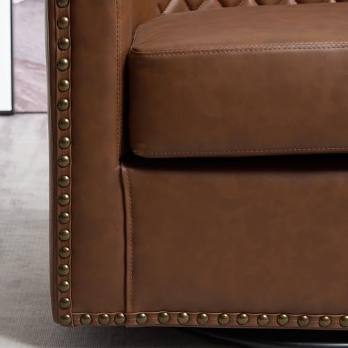 KINWELL 29" W Faux Leather Tufted PU Swivel Barrel Accent Chair, Brown | No Assembly Vegan Leather Upholstered Swivel Club Chair with Nailhead Trim, Modern Armchair for Small Spaces Apartment - color: Saddle Brown, style: Set of 1