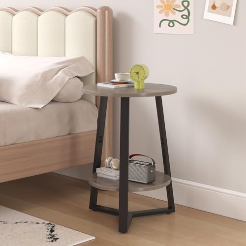 sthmec Small Round End Table, 2 Tier Side Table with Storage Shlef,Coffee Table Wooden Tabletop & Metal Frame,Round Accent Table Small Nightstands Couch Tables for Bedroom,Livingroom, Grey - color: Grey