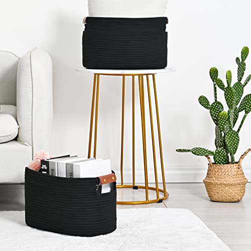 ECDYQXVU 15x10x9 Black Woven Cotton Rope Storage Basket Handles 1 Pack | Foldable Design, Leather Handles, Easy to Clean Organizer for Living Room, Closet, Shelves, Bedroom, Laundry, Clothes - color: Black-1Pack, size: 1 Pack