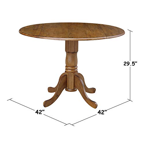 42" Round Dual Drop Leaf Pedestal Dining Table Solid Wood, Easy Assembly, Sturdy Parawood, Kitchen/Dining Room, 29.5"H x 42"W x 42"D, 20mm Thickness Top, Includes Two 9" Drop Leaves - color: Pecan