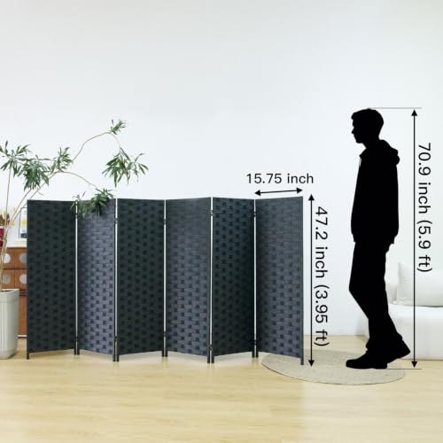 6 Panel Double Sided Short Room Divider for Room Separation, Natural Black Rattan Folding Privacy Screen, Freestanding Partition Screen for Home Office - 3.95 ft Tall - color: Black, size: 6 Panel