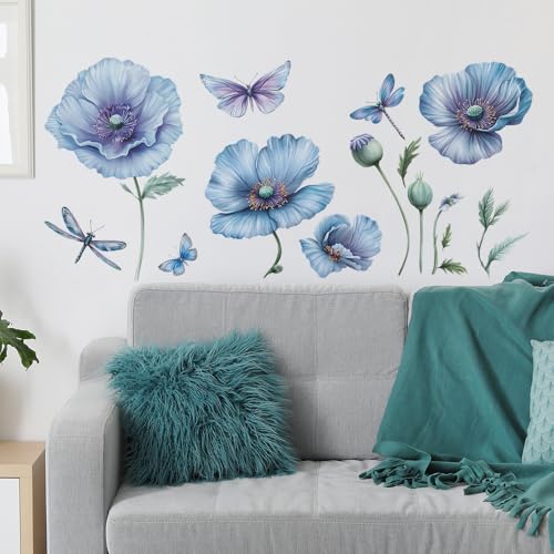 3D Wall Stickers DIY Flower Wall Decal Removable Waterproof Wall Art Decor for Bedroom Living Room Offices Home Decoration (Blue Corn Poppy) - color: Blue Corn Poppy