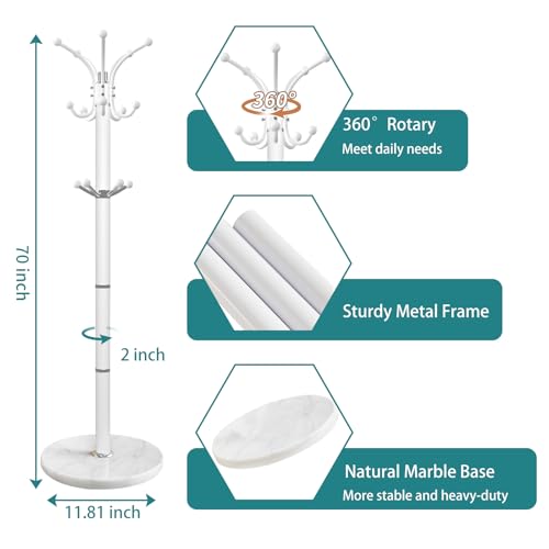 OIRUMIE Coat Rack,360°Rotary Coat Rack Stand,Coat Tree Stand for Entryway | Metal Coat Rack Freestanding with Natural Marble Base & 14 Hooks,White Modern Coat Stand, Clothes Hall Tree Stand for Hallway - color: White-14 Hooks