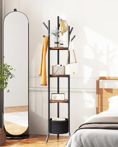 YMYNY Coat Rack, Freestanding Coat Stand with Storage Shelves, Hall Trees with 3 Wooden Shelves and 1 Fabric Basket, Metal Clothes Stand for Hats Bags Hallway Bedroom Rustic Brown UHGR005H - color: Rustic Brown