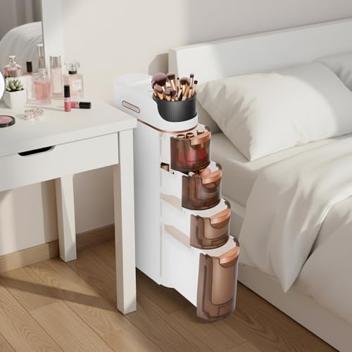 4 Tiers Slim Bathroom Storage Cabinet, Narrow Plastic Rolling Cart Organizer with Drawers, Mobile Storage Organizer with Tissue Box and Removable Dividers for Small Spaces, Bathroom, Bedroom, Kitchen