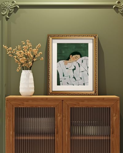 ARPEOTCY Gold Framed Canvas Wall Art, Sofa Sleeping Woman Art Prints, Contemporary Minimalist Decor for Living Resting Room Bedroom Apartment Dormitory Hotel, Trendy Girls Decor,13x16 Inch - color: Woman with Blanket, size: 16"L x 13"W