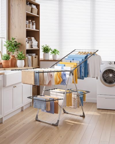 Sakugi Clothes Drying Rack, Foldable 2-Level with 70" Adjustable Wings | Laundry Room, Bedroom, Indoor & Outdoor Use, Height Adjustable, Clothing & Bedding, 70.0" L × 22.8" W, Gray - color: Gray, size: X-Large (70"L x 22.8"W x 36.6"H)