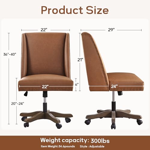 Upholstered Armless Office Chair Faux Leather Swivel Home Desk Office Chair | Modern Comfy Boho Office Chair with Wheels Adjustable Desk Chair no Arms for Sewing Women Farmhouse Study Studio PU Brown - color: Pu Brown