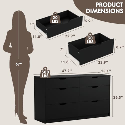 YESHOMY Black Dresser for Bedroom, 47.2" Modern Wood Chest with 6 Drawers | Two Drawer Sizes, Anti-Tip, Storage Cabinet & TV Stand for Living Room, Closet, Entryway - color: Dark Black