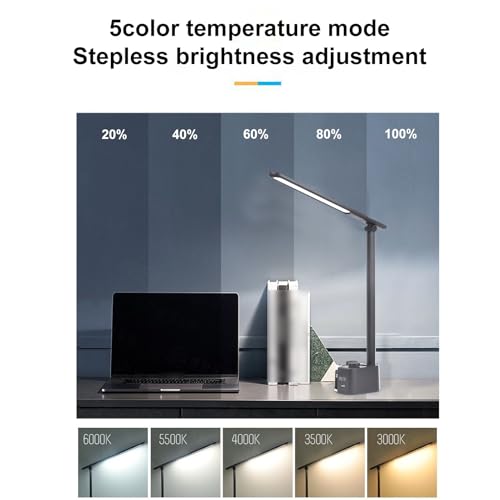 Rotatable Desk Lamp with Pen Holder 5 Color Temperatures Foldable Dimming Reading Lamp USB Charging Port Digital Display for Home Office Reading Studying Working (T221012U) - color: Black