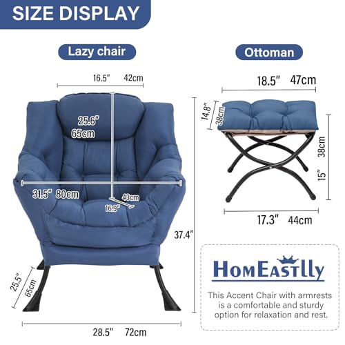 Lazy Chair with Ottoman, Soft Comfy Chair for Bedroom, Blue | Reading Accent Lounge Chair with folding Foot Stool for Living Room Dorm Apartment, sturdy metal frame - color: Royal Blue