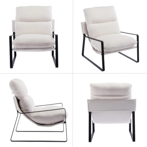 Set of 2 Modern Accent Chair, Sherpa Living Room Chair, White | Comfy Armchairs, Upholstered Lounge Armchair, Removable Seat Cushion, Black Metal Frame, For Reading Room, Bedroom, Balcony - color: White, size: 2PCS