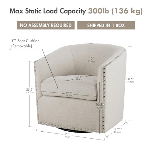 Madison Park Swivel Barrel Accent Chair, Upholstered Curved Back with 7-Inch Thick Woven Cushion, 360° Swivel, Nailhead Trim, Comfy Chair for Living Room, Bedroom, Office, 28" Wide, Neutral, Tyler - color: Natural Multi