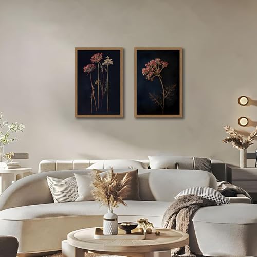 2Pcs Framed Vintage Moody Botanical Wall Art Dark Dried Flower Minimalist with Paintings Rustic Floral Poster Picture Prints Decor for Farmhouse Living Roomor Bedroom 16x24in - color: Elegant Flower, size: 16x24 Inches