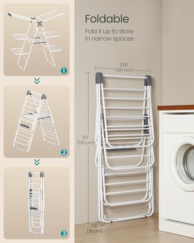 SONGMICS Clothes Drying Rack, Foldable 3-Level Laundry Rack, Free-Standing Large Drying Rack, with Height-Adjustable Wings, 39 Drying Rails, Sock Clips, White and Gray ULLR054W01 | Large Free-Standing Laundry Rack, Height-Adjustable Wings, White and Gray,