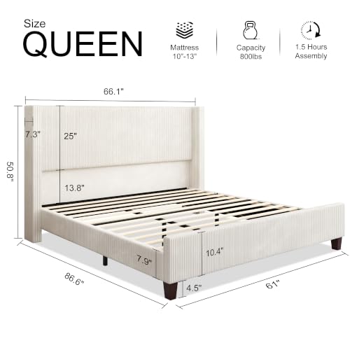 Queen Size Bed Frame with 50.8 Inch Corduroy Wingback Headboard, Cream | Modern Upholstered Platform Bed, Solid Wood Slats, No Box Spring Needed, Noise-Reducing Design - color: Cream, size: Queen