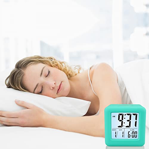 Plumeet Digital Alarm Clock Kids Clock with Snooze and White Nightlight - Easy Setting Travel Alarm Clocks Display Time, Date, Alarm - Ascending Sound - Battery Powered (Cyan) - color: Cyan