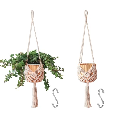 Hanging Planter with Patterns,2Packs Macrame Plant Hangers Indoor Macrame for up to 8 inch Pot Crochet Boho Plant Hanger Holder for Indoor Outdoor with 2S Shaped Stainless Steel Hooks (White) - color: White