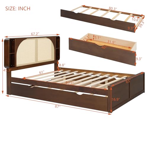 Queen Size Bed Frame with Trundle and Drawers for Aldults, Walnut | Mid Century Bed Frame with Rattan Headboard, No Box Spring Needed, Space Saving