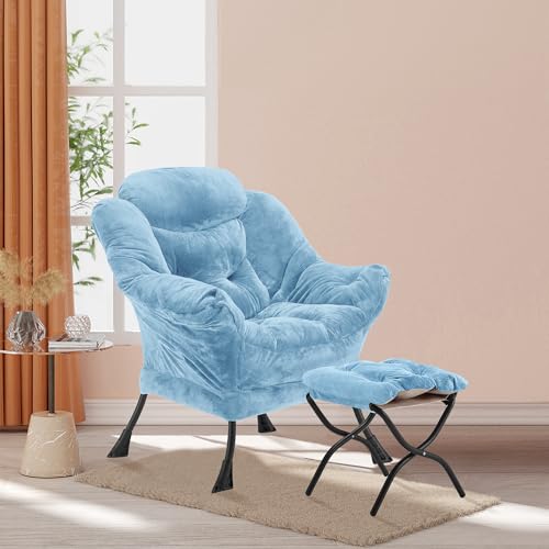 Youtanic Lazy Chair with Folding Ottoman, Accent Chair Plush Upholstered with Metal Structure and Non-Slip Pads, Sofa Armchair with Footrest and Side Storage Bag for Dorm, Room, Office, Blue - color: Plush Blue