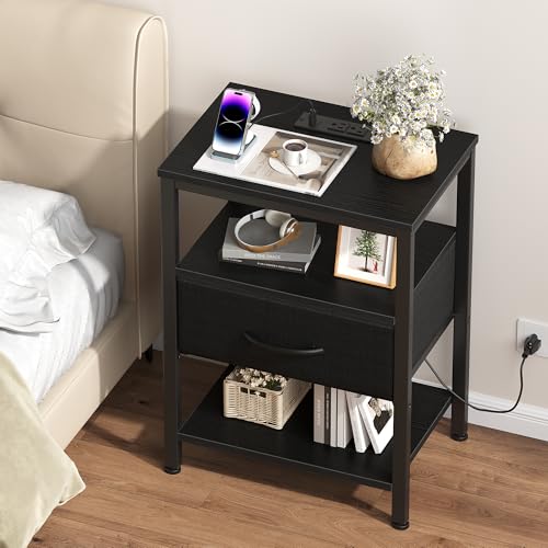 OLIXIS Nightstand with Charging Station, Beside Table with Fabric Drawer | 3-Tier End Table with 2 Storage Shelves,Night Stand with USB Ports and Outlets for Bedroom, Black - color: Black, size: 15.7"Dx11.8"Wx23.4"H(1 Drawer, 1 Pack)