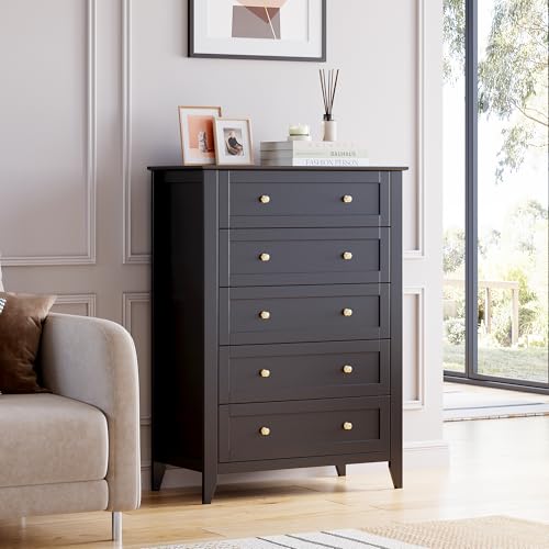 IDEALHOUSE 5 Chest of Drawer Dresser, Modern Wood Organizer Dresser Storage Cabinet with Drawers for Bedroom, Living Room, Entryway, Black | Simply 5 Drawer Dresser for Hallway Entryway, 15.8"D x 31.5"W x 42.5"H, Lacquered Storage Organizer for Living Roo