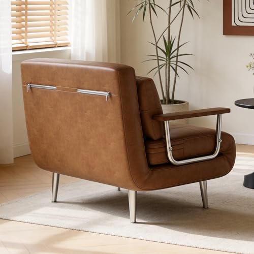 39.4" Brown Faux Leather Futon Sofa Bed Metal Legs Apartment | 2‑Position Adjustable Backrest, Space‑Saving Layout, Apartment‑Friendly, Multi‑Guest Unit, For Living Room & Home Office - size: 39.4"