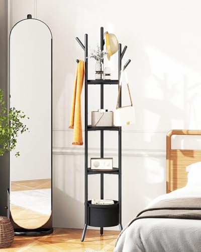 YMYNY Coat Rack, Freestanding Coat Stand with Storage Shelves, Hall Trees with 3 Wooden Shelves and 1 Fabric Basket, Metal Clothes Stand for Hats Bags Hallway Bedroom Black UHGR005B - color: Black