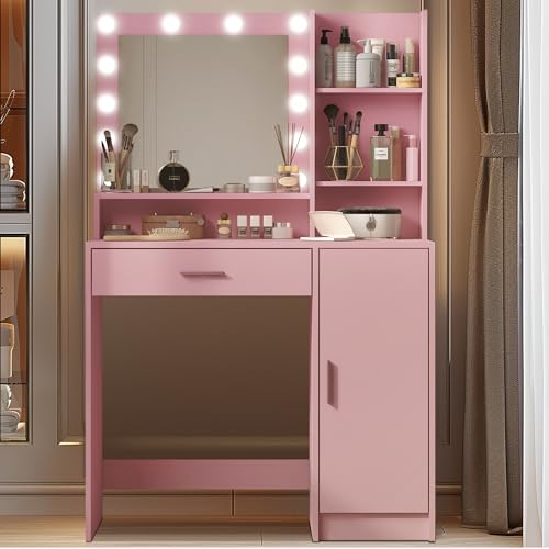 Palimder Vanity Desk with Mirror & Light, Large Drawer Three Level Storage Dresser, 3 Lighting Modes Adjustable Brightness, Bedroom Dressing Table - color: Pink