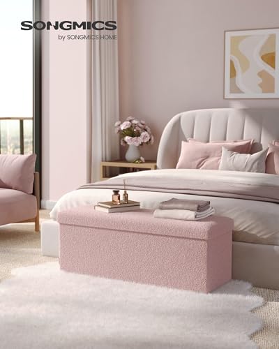 SONGMICS Storage Ottoman Bench, Storage Chest, 15 x 43 x 15 Inches, Foot Rest Stool, End of Bed Bench, Load up to 660 lb, for Living Room, Bedroom, Entryway, Jelly Pink ULSF097R01 - color: Jelly Pink, size: 15"D x 43"W x 15"H, style: Rectangle