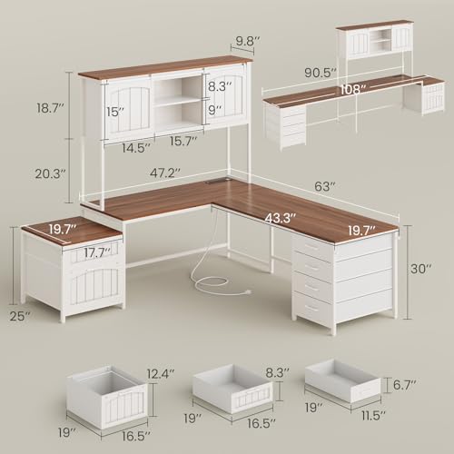 SEDETA Reversible Farmhouse L Shaped Office Desk with 6 Drawer, Hutch | Computer Corner Desk with Power Outlet, File Drawer & Printer Storage Shelves, for Home Office/Two Person, White - color: White