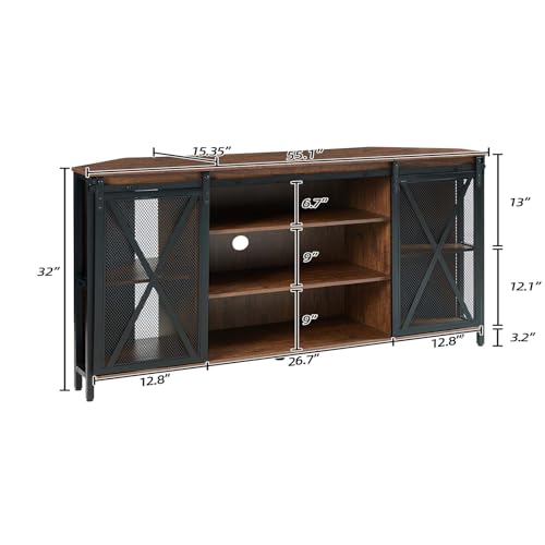 HOMISSUE Corner TV Stand for 55 Inch TV, Rustic Corner Entertainment Center with Storage, Industrial Media Console Table with Sliding Barn Door, Tall TV Cabinets Center for Living Room, Brown - size: 32"H x 55.1" W x 15.35" D.