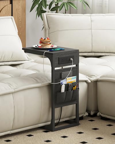 TUTOTAK C Shaped End Table with Charging Station, Side Table for Sofa | Couch Table with Storage Bag, TV Tray with 2 USB Ports and Outlets, Living Room and Bedroom, Black TB01BK024 - color: Black, size: 1 Pack (11.8"W), style: With Plug