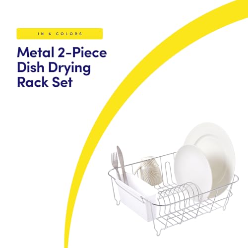 Sweet Home Collection Metal 2 Piece Dish Drying Rack Set Drainer with Utensil Holder Simple Easy to Use Fits in Most Sinks, 14.5" x 13" x 5.25", White - color: White
