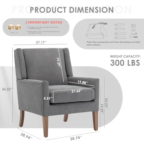 COLAMY Modern Wingback Living Room Chair Set of 2, Upholstered Fabric Accent Armchair, Single Sofa Chair with Lounge Seat and Wood Legs for Bedroom/Office/Reading Spaces, Gery - color: Grey, size: Set of 2