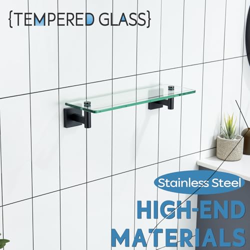 KOKOSIRI Bathroom Shelves Glass Floating Shelf 16-Inch for Bedroom Living Room Kitchen Hanging Rack Rustproof Wall Mounted Black 2 Pack B1105BK-L16-P2 - color: Matte Black, size: 16-Inch(2 Pack)