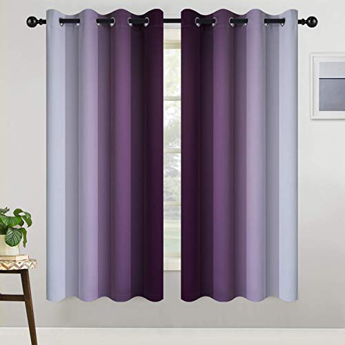 COSVIYA Grommet Room Darkening Ombre Purple Curtains W52xL63 inch | Purple and Greyish White Gradient Drapes, Light Blocking, Insulated Thermal Window Curtains for Bedroom/Living Room,2 Panels - color: Purple to Grayish White, size: 52"W x 63"L (Pack of 2