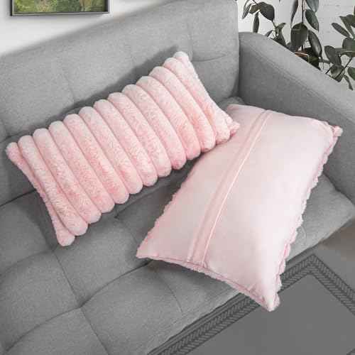 Uhomy Set of 2 Faux Fur Home Decorative Throw Pillow Cover Luxury Super Soft Fuzzy Striped Furry Pillowcase for Sofa Couch Bedroom Comfy Thick Fluffy Plush Cushion Cover 12x20 Inch Light Pink 30x50 cm - color: Light Pink, size: 20" x 12" (Pack of 2)