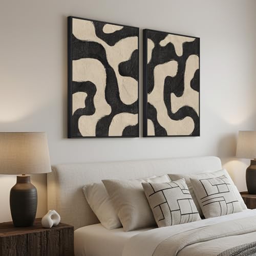 Framed Abstract Beige Black Wall Art for Living Room, Large Neutral Modern Canvas Artwork for Walls, Set of 2 Mid Century Elegant Picture Print for Bedroom Home Office Hallway Wall Decor, 24x36 Inch - color: Beige Black, size: 24" W x 36" H x 2Pcs