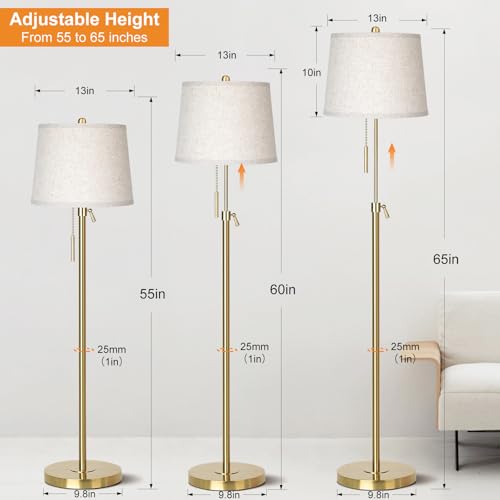 Gold Floor Lamp for Living Room 55-65" Adjustable Modern Brass Standing Lamp with Pull Chain Tall Pole Light with Beige Shade for Bedroom Reading Office Corner Nursery 9W LED Bulb Included 3 ColorTemp - color: Gold+Beige Shade