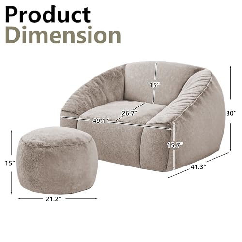 Bean Bag Chairs with Ottoman for Adults, Comfy Beanbag Chair with High-Resilience Foam, Oversized Bean Bag Sofa with Soft Faux Fur Fabric, Bean Bag Chair for Living Room,Bedroom,Khaki - color: Khaki W/Ottoman
