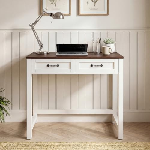 Small Writing Desk with 2 Drawers, Two-Tone Farmhouse Computer Desk with Storage, 31.5" Compact Study Table for Home Office Small Space, White & Walnut