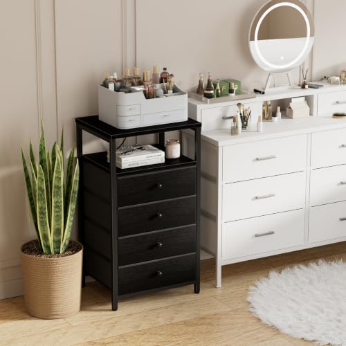 BOLUO Tall Night Stand with Drawers, Black Nightstand with Charging Station and LED Light, Small White 4 Drawer Dresser for Bedroom, Room Storage Closet - color: B.black, size: 11.8"D x 15.7"W x 33.9"H(4 drawers)