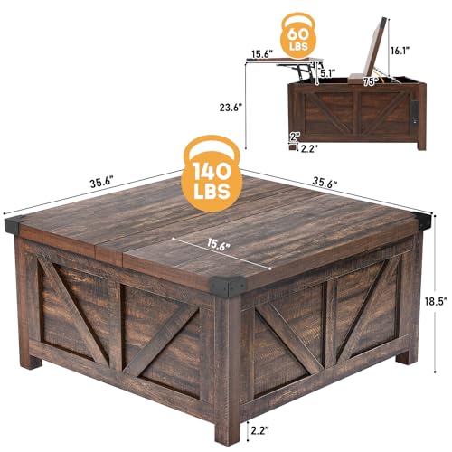 jimeimen Farmhouse Lift Top Coffee Table with Storage, Wood Square Center Table with Charging Station&USB Port, Living Room Table w/Large Hidden Space, for Living Room, Bedroom, Home Office, Brown - color: Brown