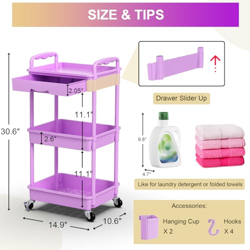 Goovilla 3 Tier Rolling Utility Cart Organizer with Removable Drawer,Purple | Stable and Sturdy Rolling Storage Carts with 2 Lockable Wheels for Bathroom, Kitchen, Snack, Craft, Makeup, Baby Essentials - size: 3 Tier, style: Purple