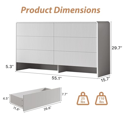 MAISONARIA White Curved 6 Drawer Dresser, Modern Long Dresser for Bedroom, Living Room, or Entryway, Push to Open Storage Chest, Minimalist Scandinavian Style, 55" Wide - color: White, size: 15.7"D x 55.1"W x 29.7"H (6 Drawers)