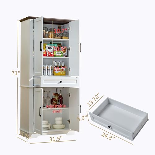 LIDYUK 71" White Tall Pantry Cabinet Storage Cabinet Kitchen Buffet Cabinet | Drawer and Adjustable Shelves, Modern Food Pantry Storage Cabinet, Coffee Bar, Living Room and Dining Room - color: White, size: 71"(H) x 31.5"(W) x 15.75"(D)