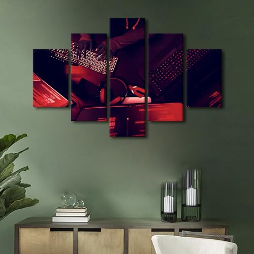 Wall Art for Living Room Hacker Working on Computer Wall Paintings Cyber Crime Home Decor 5 Pieces Data Protection Digitalsecurity Artwork Framed Ready to Hang Posters and Prints (60"Wx40"H) - color: Artwork-06, size: 60"Wx40"H