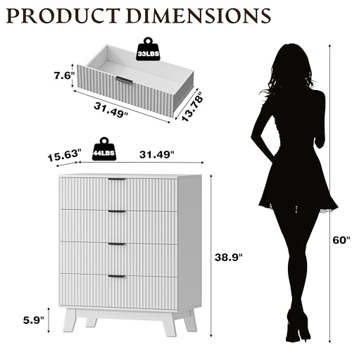 BORNOON 39" Tall Dresser for Bedroom, 4-Drawer Fluted Chest of Drawers, Modern Wood Highboy with Deep Storage, Metal Slides & Handles, Anti-Tip Kit, Vertical Clothes Organizer for Apartment, Nursery - color: Pure White, size: Tall 4-Drawer
