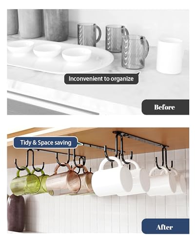 Luckinow Mug Hooks Under Cabinet 3 Pack, Metal Cup Hooks for Hanging Under Shelf, Mug Organizer Rack with 12 Hooks for Displaying Mugs, Coffee Cups and Kitchen Utensils, Black - color: Black
